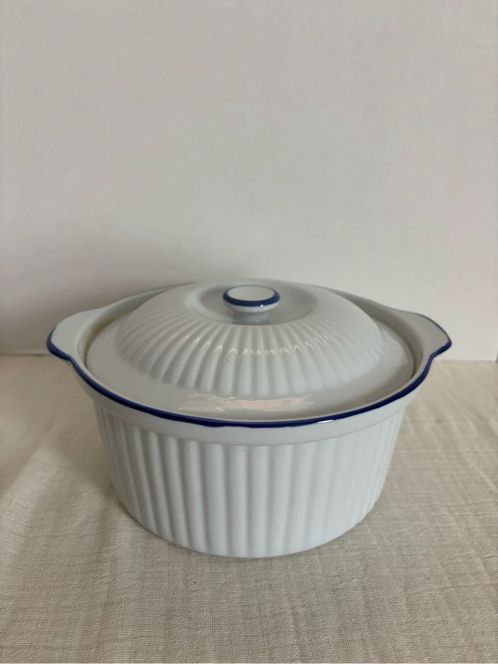 White Ceramic Covered Casserole with Blue Rim